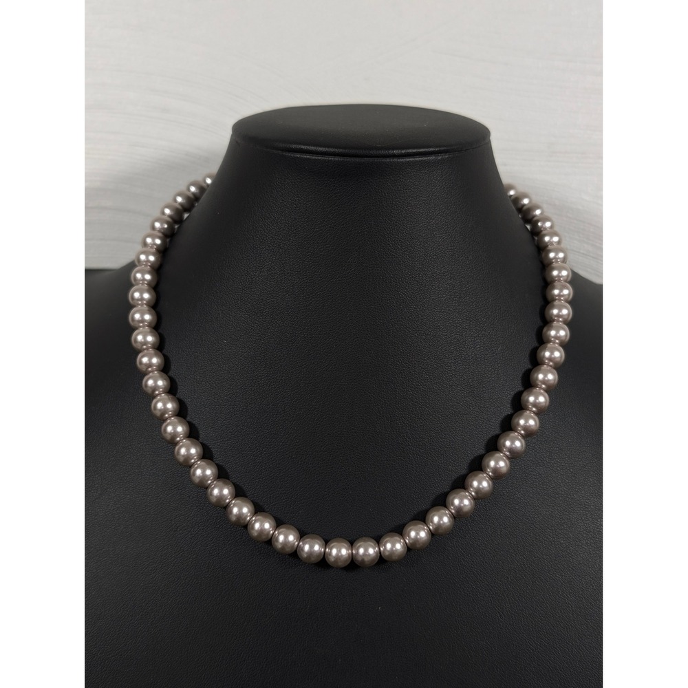 Gray Glass Faux Pearl Necklace 17" Single Strand Barrel‎ Clasp Classic